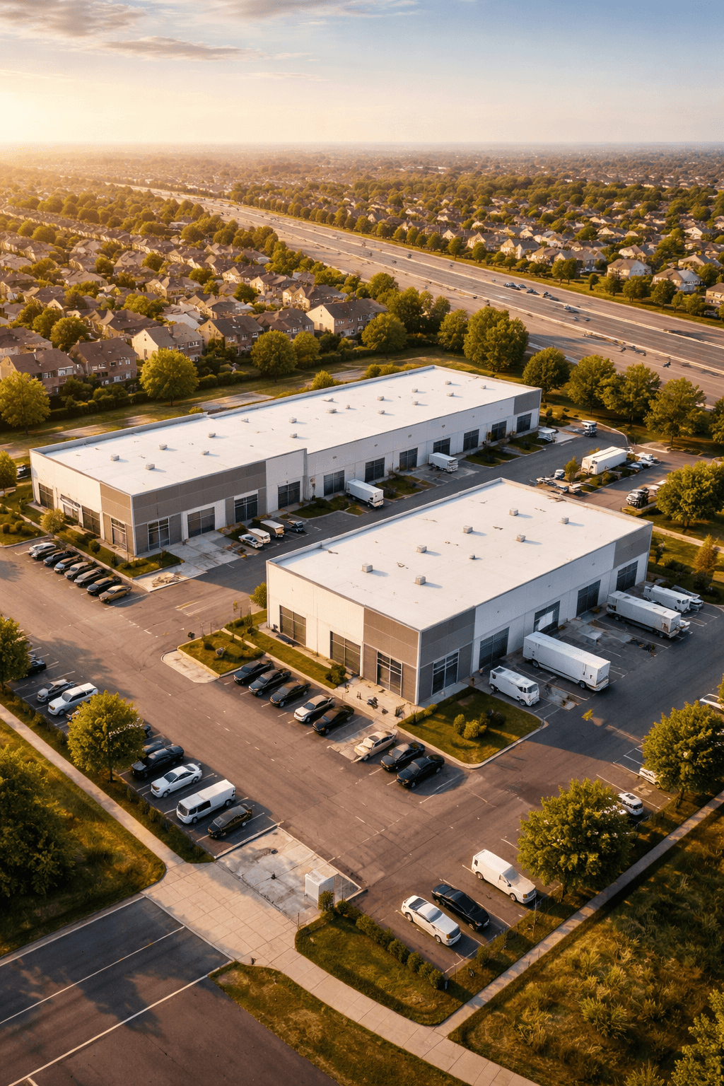 Aerial view of small warehouse facilities near a city